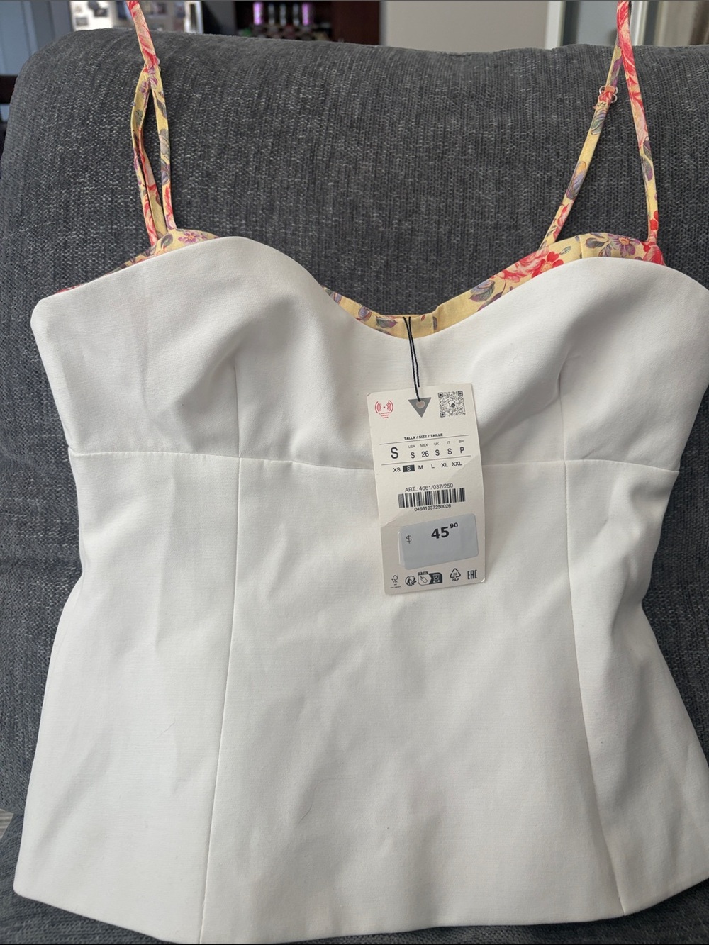 Zara White Bustier Cami with Floral Trim Straps